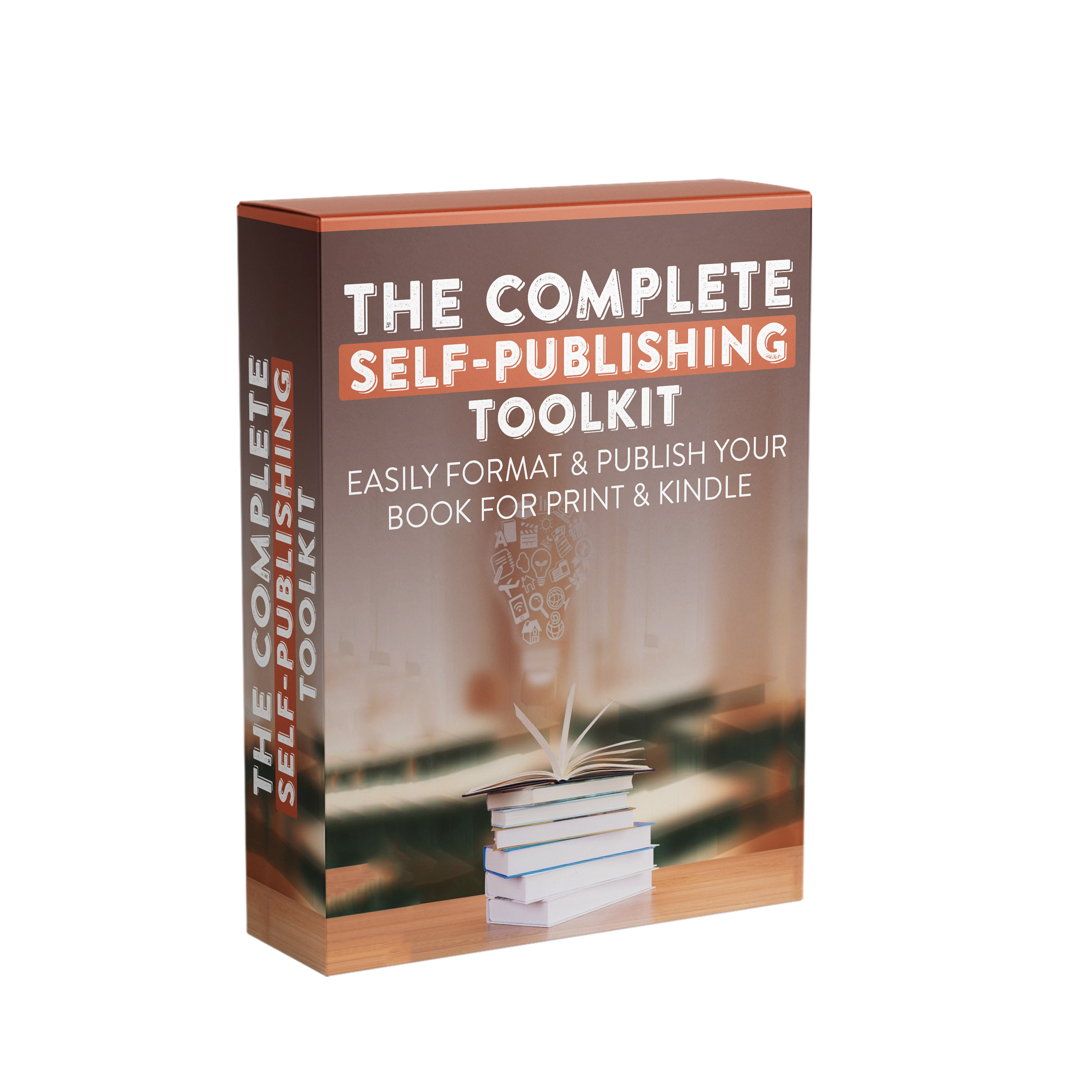 Image of brown, white and orange boxset mock up  of The Complete Self Publishing Toolkit